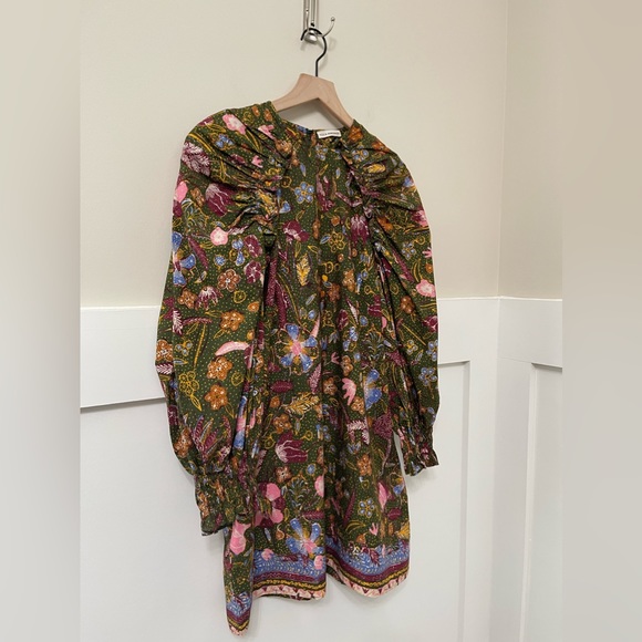 Ulla Johnson Devya Green MultiColor Floral Puff Sleeve Ruffle Shift Dress Size 6 - Picture 3 of 10